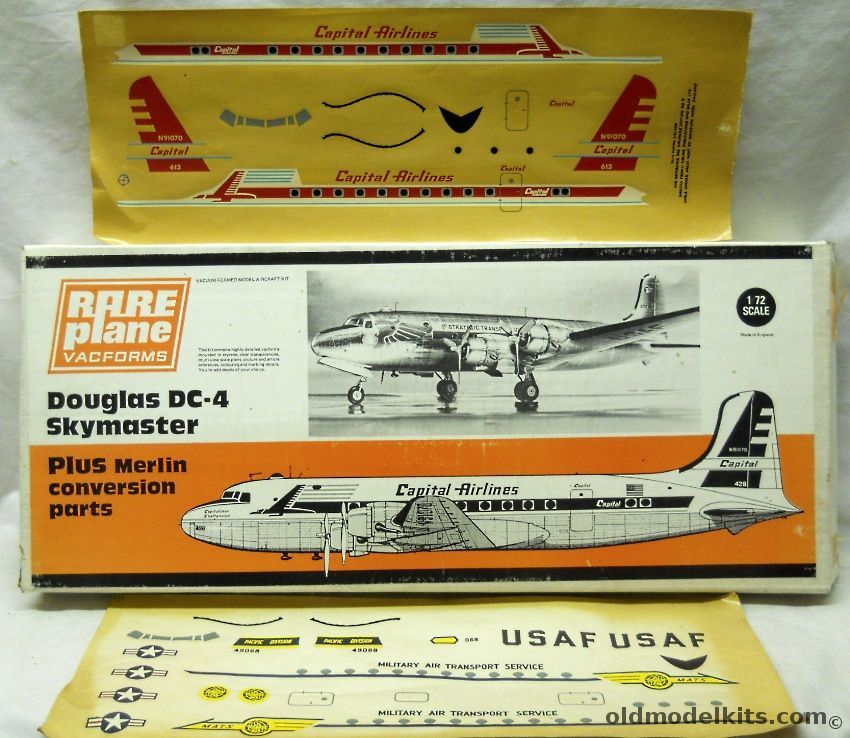 Rareplane 1/72 Douglas DC-4 / C-54 / R5D-3 Skymaster with Merlin Conversion and Capital Airlines and USAF MATS Decals plastic model kit